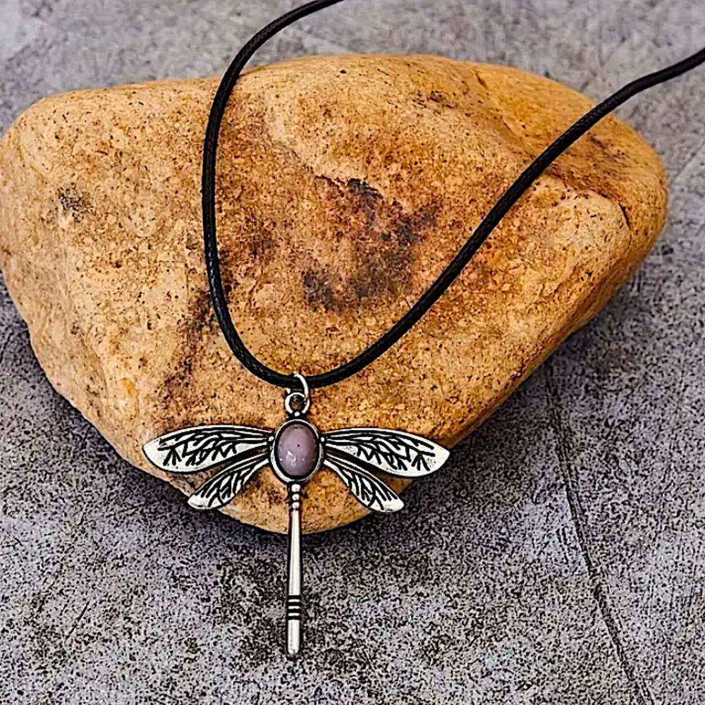 Stone Dragonfly Vintage Statement Pendant Necklace, Bohemian, Boho, Tribal - Picture 4 of 5